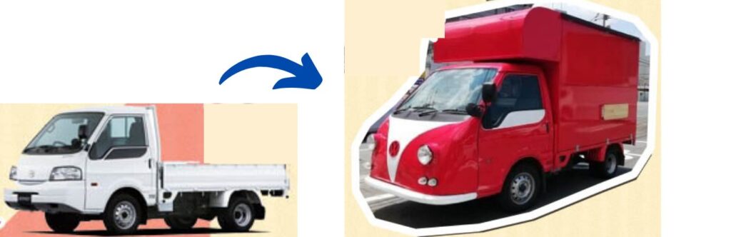 福岡県に納車したキッチンカー。軽トラックをベースに製作した。フォルクスワーゲン仕様に改造している。